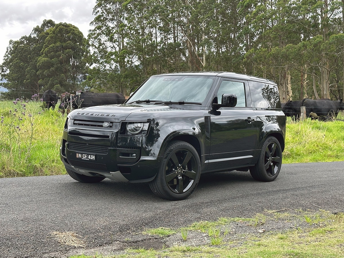 Land rover defender 90 v8 front end infront of cows
